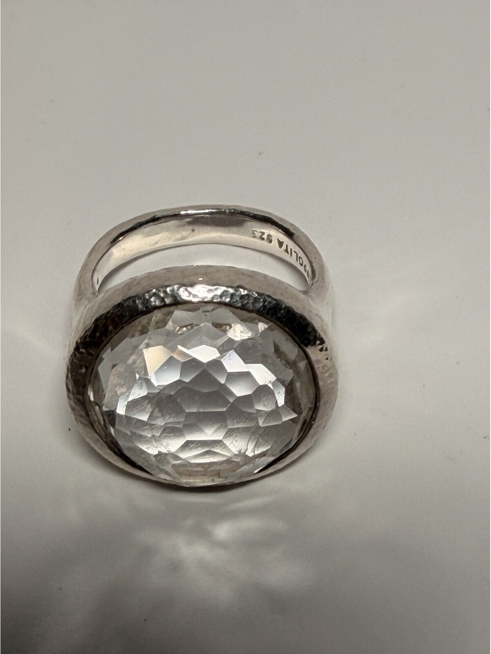 IPPOLITA WONDERLAND 925 STERLING SILVER HAMMERED TEXTURE CLEAR QUARTZ RING 7.5